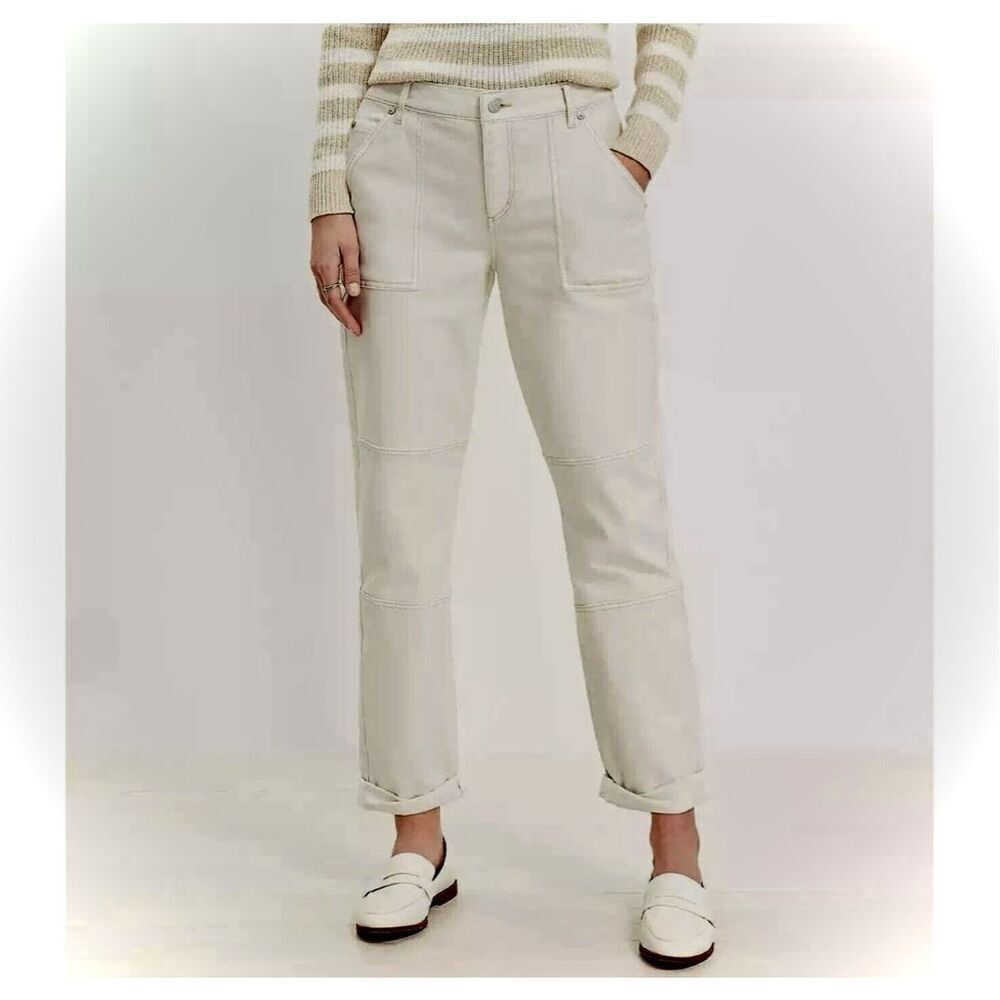 Loft the girlfriend curvy jeans cream beige mid rise straight tapered leg 32/14